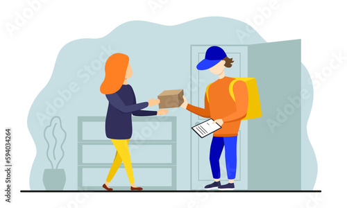 Delivery man giving parcel in the box to woman