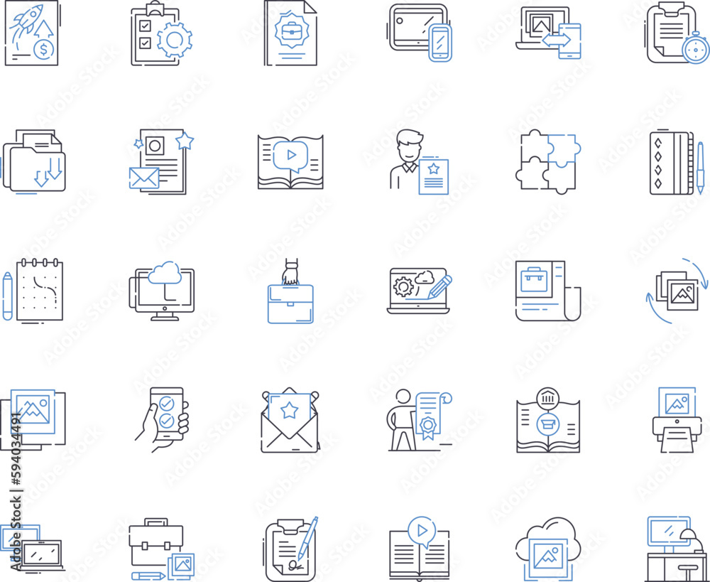 Compilation line icons collection. Collection, Assortment, Selection, Aggregate, Accumulation, Amalgamation, Fusion vector and linear illustration. Mixture,Conglomeration,Combination outline signs set