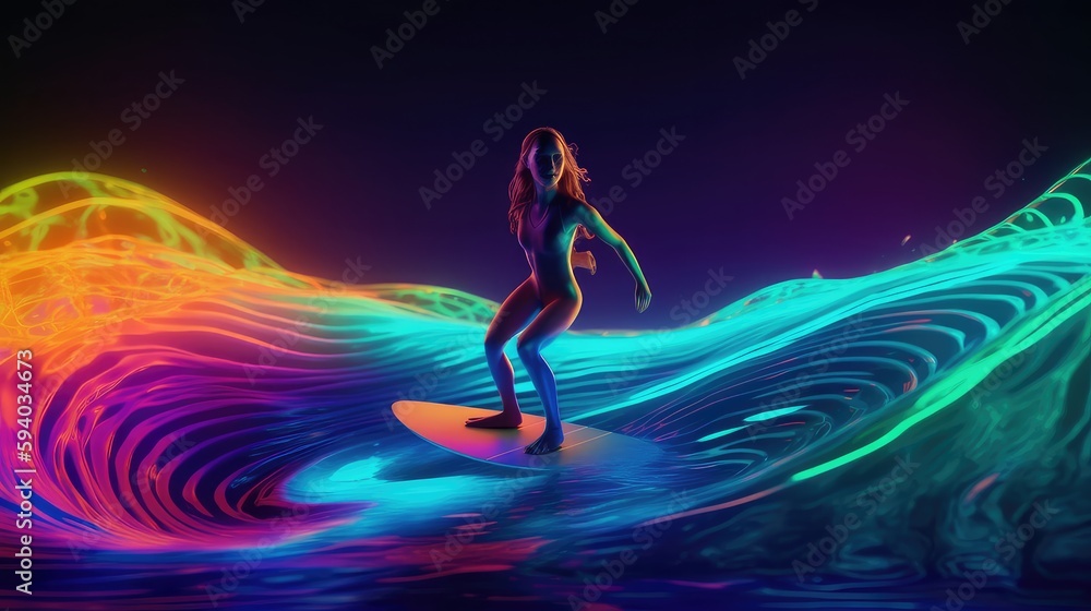Neon 3D Virtual reality world abstract landscape and lakes with boats, bicycles, surfing on neon water and relaxing on neon beds and parks. 