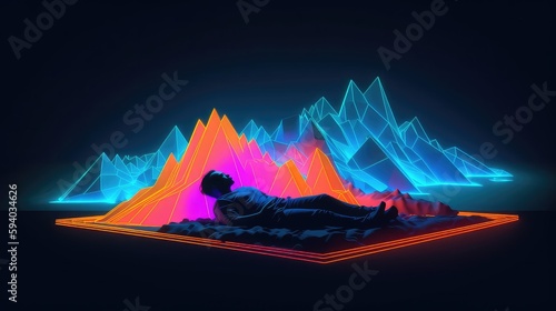 Man resting in Metaverse World, Neon 3D Virtual reality world, abstract landscape, relaxing on neon beds and parks