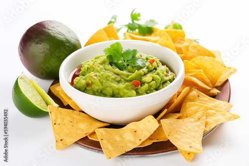 Guacamole dip with tortilla chips or nachos. Generative AI illustration