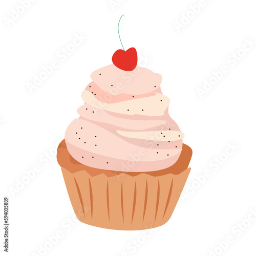 Cupcake with cherry. Vector flat illustration. Muffin with whipped cream. Cartoon style. For birthday cards, invitations. For birthday cards, invitations.
