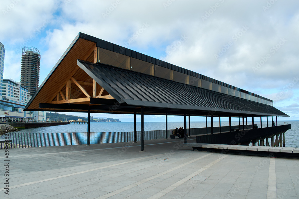 Puerto Montt, Chile - April 2023: Pier facing the Pacific Ocean in Puerto Montt, Chile