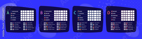 Scoreboard of Rugby 2023, all pool with icons for all matches on blue sport background.