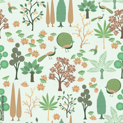 seamless pattern with garden, palms, lotus, peacoc