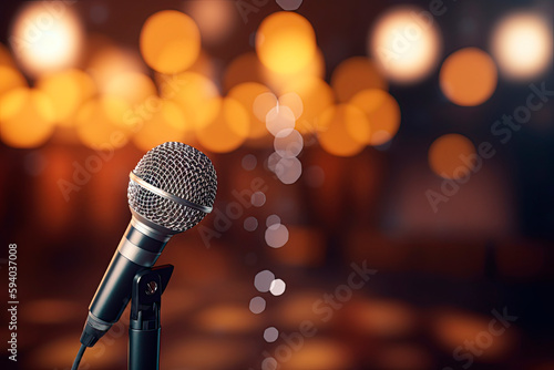 icrophone on stage. Close up of microphone setting on stand with colorful light bokeh background in conference hall