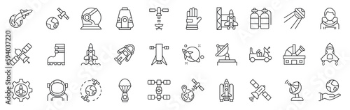Set of 30 icons related to space and astronomy. Outline symbols collection. Editable stroke. Vector illustration