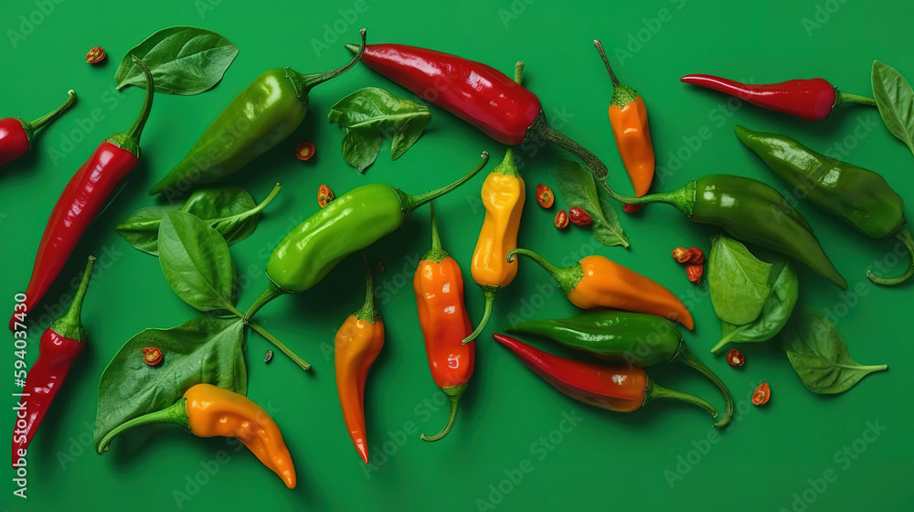 Chili peppers on a colored green background. Generative Ai Chili peppers on a colored green background. Generative Ai