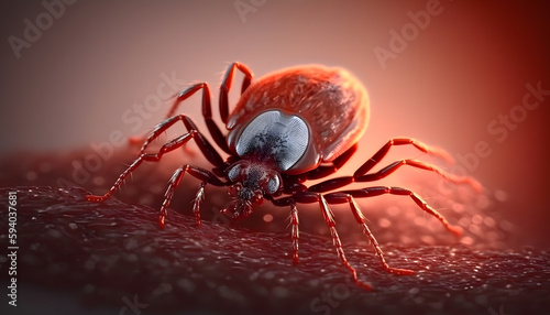 Infected tick on human skin. Ixodes lyme ricinus mite. Dangerous biting insect macro photo. AI generation