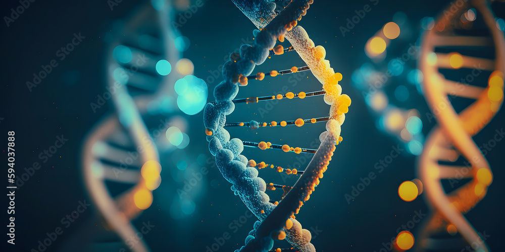 Medical blue Banner with sun light, Spiral technology innovation DNA code of genetic human polygonal. Generation AI Medical blue Banner with sun light, Spiral technology innovation DNA code of genetic human polygonal. Generation AI