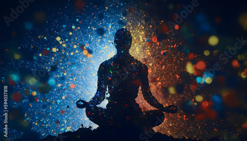 Astral yoga silhouette of human in cosmic space meditate. Back view man practicing transcendental spiritual meditation. Generation AI