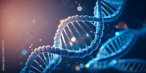 Concept Medical blue Banner with sun light, code of genetic human Spiral DNA polygonal. Generation AI