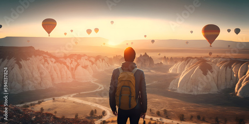 Tourist with backpacks background hot air balloon with sunset Cappadocia Turkey Travel banner. Generation AI