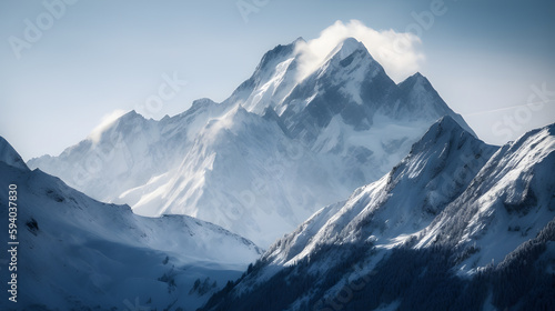 Snow-covered mountains with rugged peaks and sharp ridges
