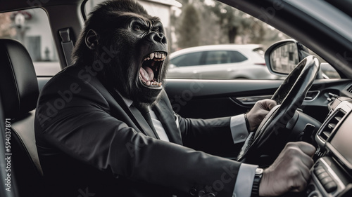 aggressiver Gorilla im Business Anzug voller Wut am schimpfen im Auto beim fahren im Straßenverkehr. Generative Ai. photo