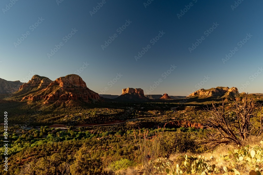 Aerial shot of natural stone buildings in Sedona under the blue sky in Arizona