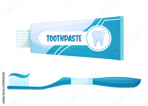 Tube of toothpaste and toothbrush, oral hygiene, medical and dentistry healthcare. Vector illustration in cartoon style isolated on white background.