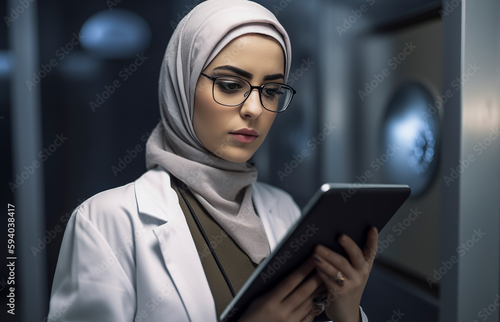 Generative AI illustration of Young Muslim woman doctor with hijab, stethoscope and work uniform