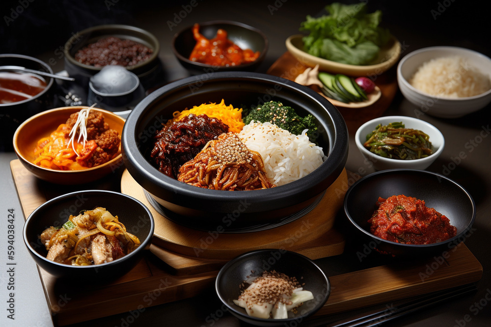 A table full of Korean food. AI generated.