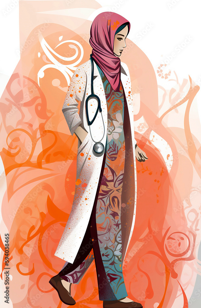 Generative AI illustration of Young Muslim woman doctor with hijab, stethoscope and work uniform