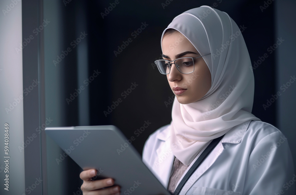 Generative AI illustration of Young Muslim woman doctor with hijab, stethoscope and work uniform