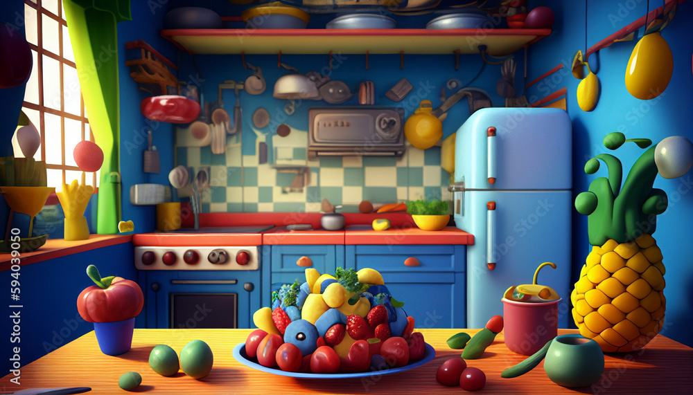 Vibrant French Kitchen with Delicious Fruits and Vegetables - Generative AI