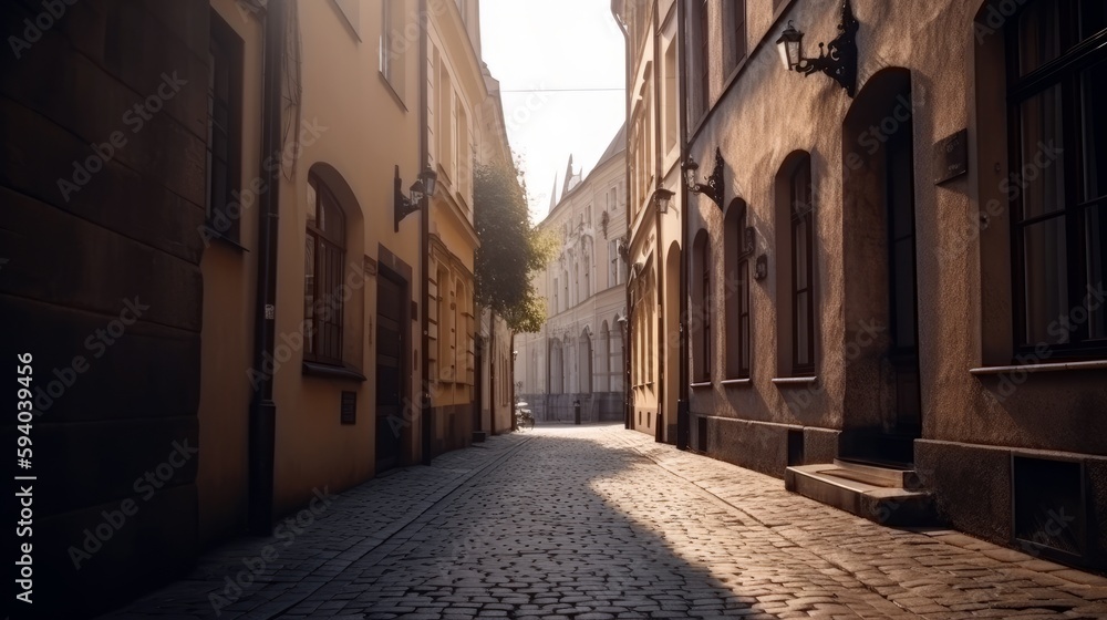 A charming street in an old European town, with copyspace in the cobblestone path. Generative ai.
