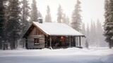 A cozy, rustic cabin in a snowy winter landscape, with copyspace in the gently falling snow. Generative ai.