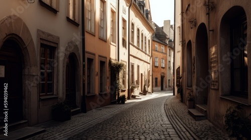 A charming street in an old European town  with copyspace in the cobblestone path. Generative ai.