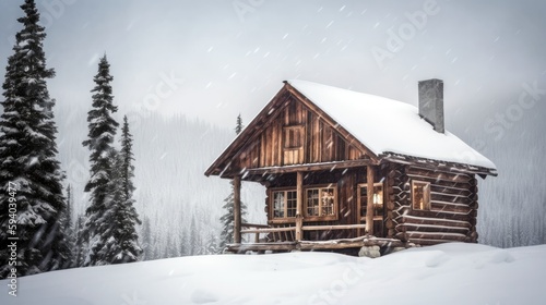 A cozy, rustic cabin in a snowy winter landscape, with copyspace in the gently falling snow. Generative ai. © MADMAT