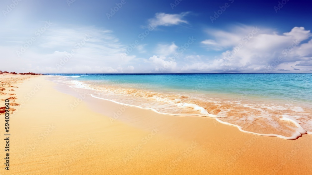 A serene beach scene with golden sand and crystal-clear water, with copyspace in the sky for text. Generative ai.