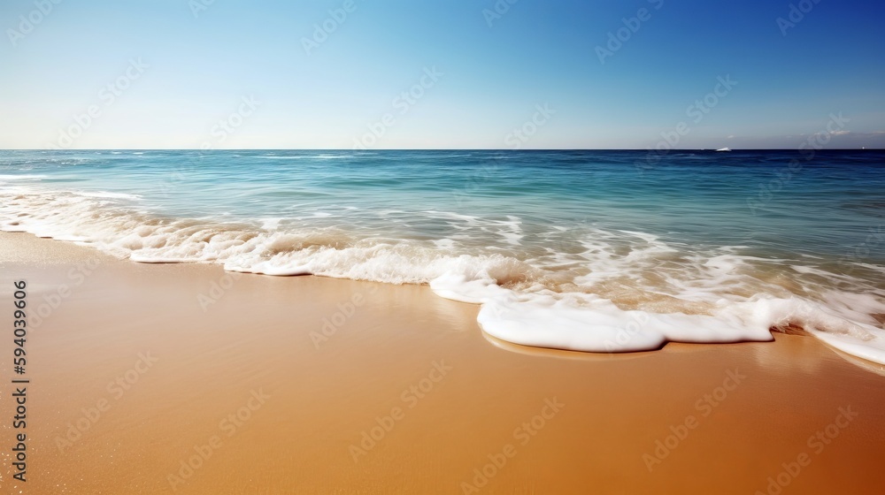 A serene beach scene with golden sand and crystal-clear water, with copyspace in the sky for text. Generative ai.