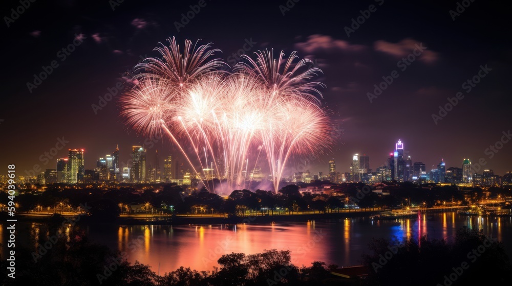 A spectacular fireworks display over a city skyline, with copyspace in the bursts of color. Generative ai.