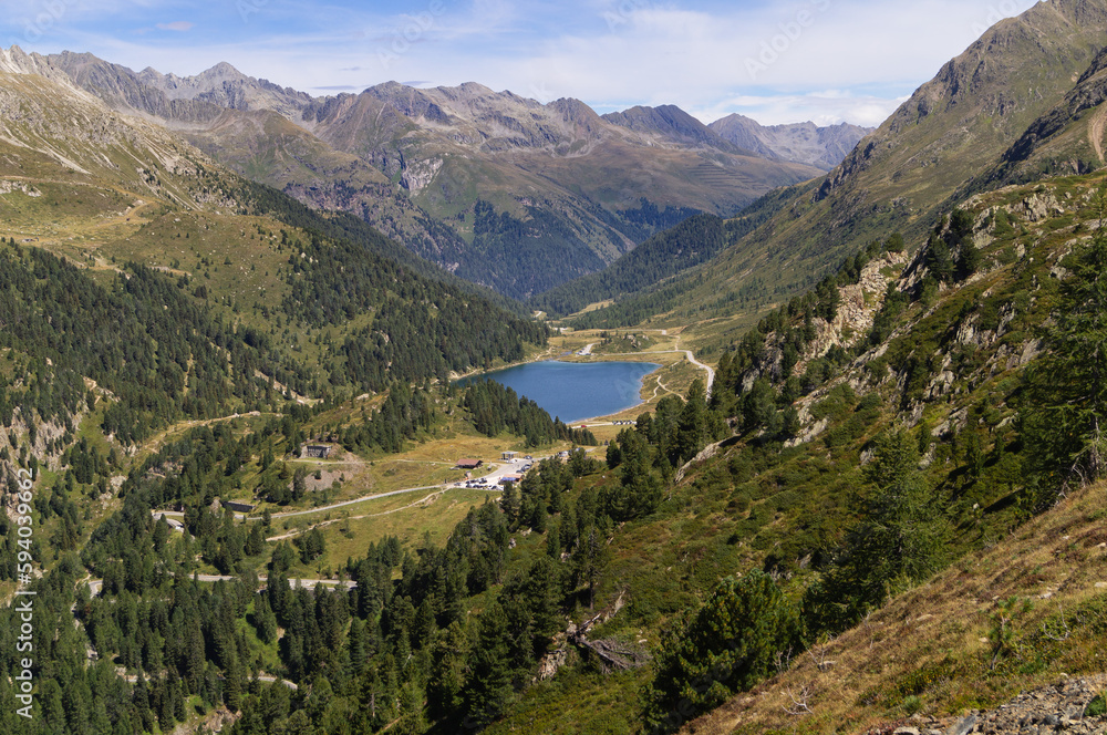Lake Obersee seen from Passo Stalle - obrazy, fototapety, plakaty 