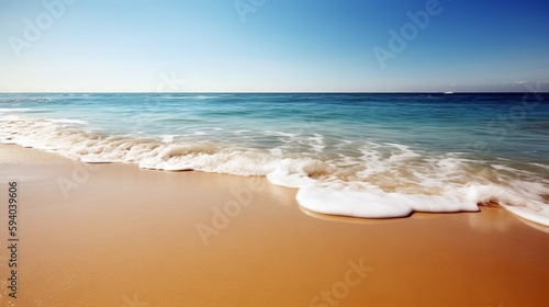 A serene beach scene with golden sand and crystal-clear water, with copyspace in the sky for text. Generative ai.