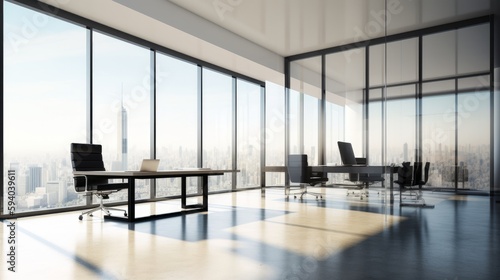 A sleek, modern office space with large windows, featuring copyspace on the glass. Generative ai.