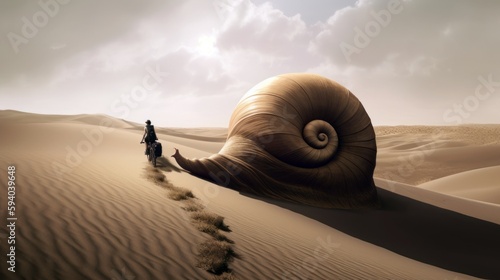 A surreal image of a person riding a giant snail through a desert landscape, with copyspace in the sand. Generative ai.