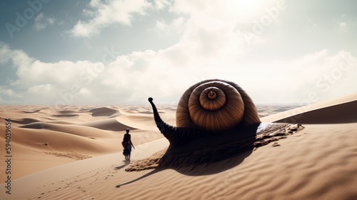 A surreal image of a person riding a giant snail through a desert landscape, with copyspace in the sand. Generative ai.