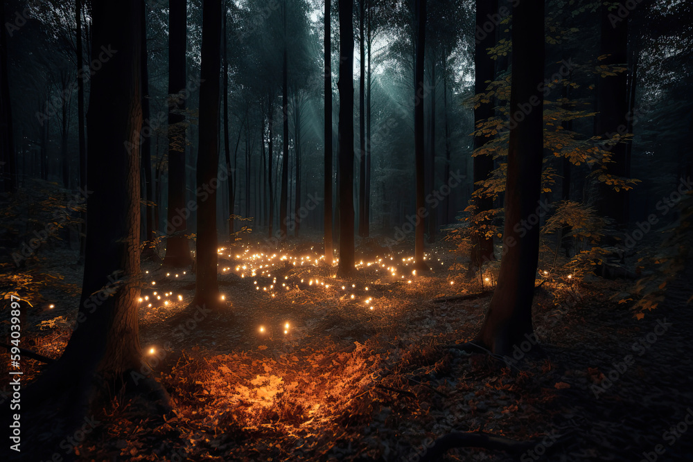 Naklejka premium Magic fairy tale forest at night. Fantasy forest with glowing lights. Created with Generative AI