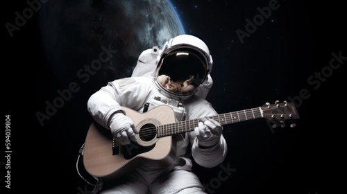 An astronaut playing an acoustic guitar while floating in space  with copyspace in the starry background. Generative ai.