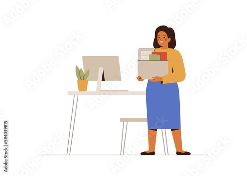Happy woman has new job. Female employee holds box with personal items in her first day in office. Woman was promoted at work or has new business project. Career or start up concept. Vector