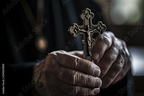 Church priest holds religious cross in hands, close up. Prayer in church. Concept of faith in God. Created with Generative AI