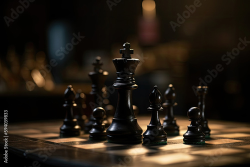 Chess pieces on chessboard, dark background. Strategy and tactics for winning. Created with Generative AI