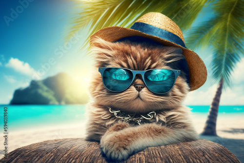 A cute cat in a hat and dark glasses rests on the seashore under palm trees. AI Generated ©  iiulia