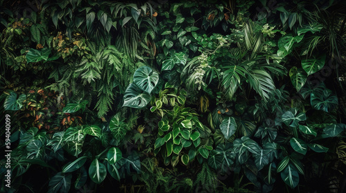 Wall of green plants. Natural background of tropical plants. Generative Ai