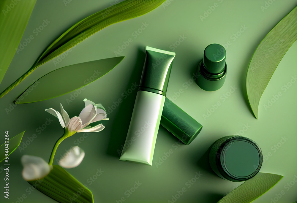 Cosmetic skin care product on green with leaves, top view. AI Generated Cosmetic skin care product on green with leaves, top view. AI Generated