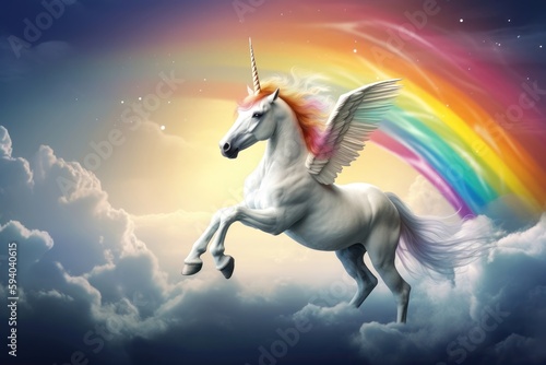 A white unicorn with wings flying over a rainbow. AI generated © yuliachupina