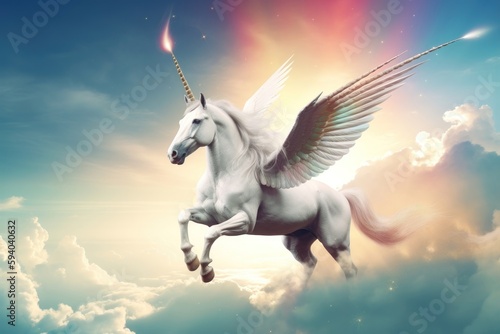 A white unicorn with wings flying over a rainbow. AI generated © yuliachupina
