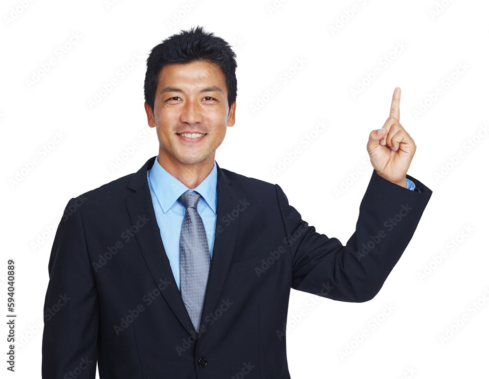 Happy businessman, portrait or pointing up to mockup for finance investment, loan or insurance deal. Smile, hand or Asian CEO showing marketing, logo or advertising space isolated on png background Happy businessman, portrait or pointing up to mockup for finance investment, loan or insurance deal. Smile, hand or Asian CEO showing marketing, logo or advertising space isolated on png background