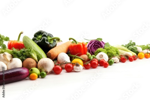 Border design of fresh vegetables  isolated on white. AI generated